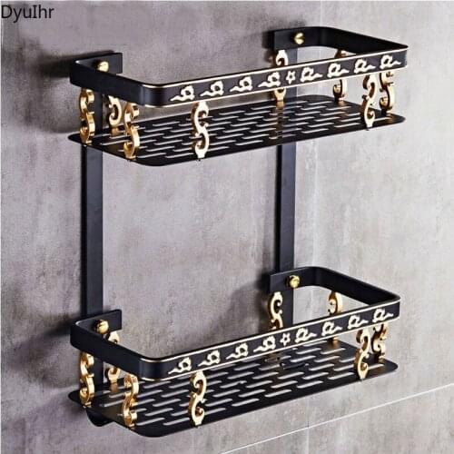 DyuIhr American black aluminum alloy bathroom shelf double wall-mounted shelf antique bathroom square shelf bathroom accessories