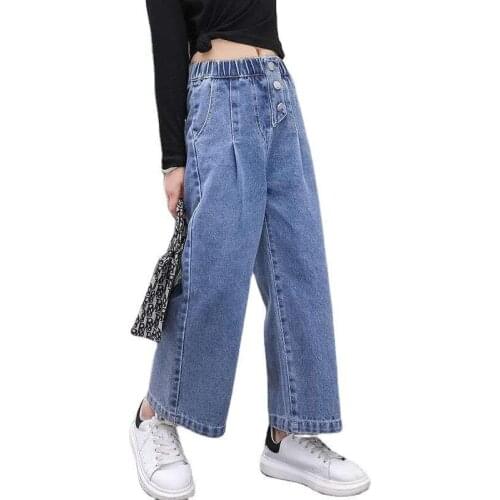 Girls Jeans Flare Jeans Fashion Street Shot Wide Leg Trousers Straight Casual Loose Blue Denim A Style Children Elastic Pants