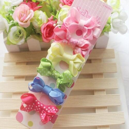 F29 Baby girls Ribbon Hairbows Candy Color Dot Print Snow yarn Bow Hairpin Hair Clips kids hair accessories 6Pcs /SET