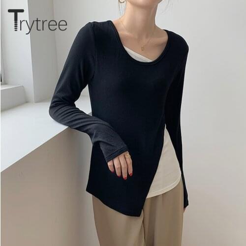 Trytree 2021 Spring Autumn Woman T-shirt Casual Elastic O-Neck Patchwork Colours T-shirt Asymmetric Hem Basic Tops For Women