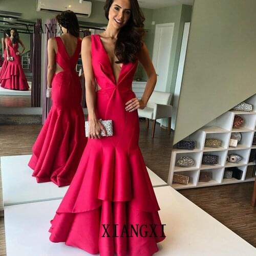 Red Evening Dresses Long V-Neck Sleeveless Mermaid Evening Dress Charming Formal Gown robe de soiree