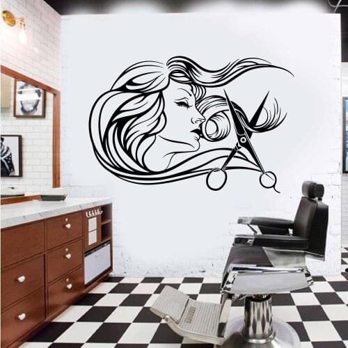 Beauty Hair Salon Woman Decor Wall Decal Barber Shop Hair Stylist Tools Scissors Wall Sticker Window Sign Wallpaper P454
