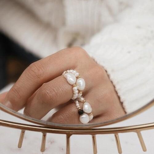 Fashion Irregular Freshwater Pearl Beads Rings for Women Natural Stone Handmade Bohemia Jewelry Gift Elastic Adjustable
