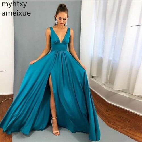 Custom V-neck Teal Event Prom Dresses Sexy Front Split Sleeveless Vestidos De Fiesta 2020 Hot Sale Formal Evening Party