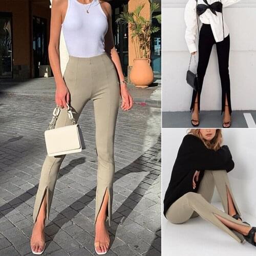 Autumn Fitness Solid Women Legging Split Side Skinny Pants Trousers Office Lady Streetwear Casual Pants
