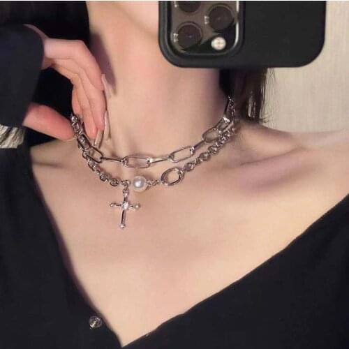 Necklace for Women Fashion Metal Rhinestone Cross Pearl Necklace Men&Women Couple Punk Necklace Clavicle Chain Short Necklace