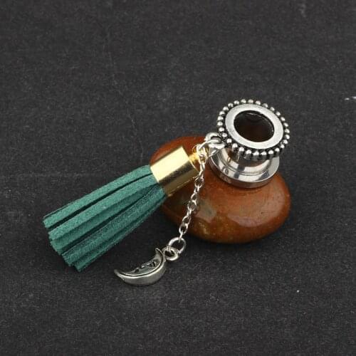 Pair 6-18mm Tassel Moon Dangle Earrings Body Jewelry Piercing Stainless Ear Gauge Expander Plugs and Tunnels Ear Lobe Stretcher