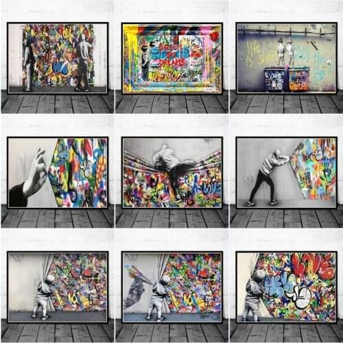 Pop Street Artwork Kids Lover Behind The Curtain Modern Graffiti Art Painitngs on the Wall Art Posters and Prints Home Decor