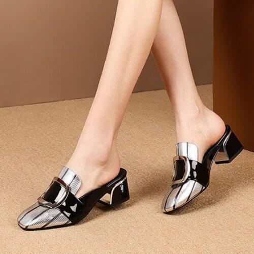Plus Size Women Slippers Square Toe Mules Botton Buckle High Heels Dress Shoes Ladies Leather Modern Slides zapatos mujer 9156N
