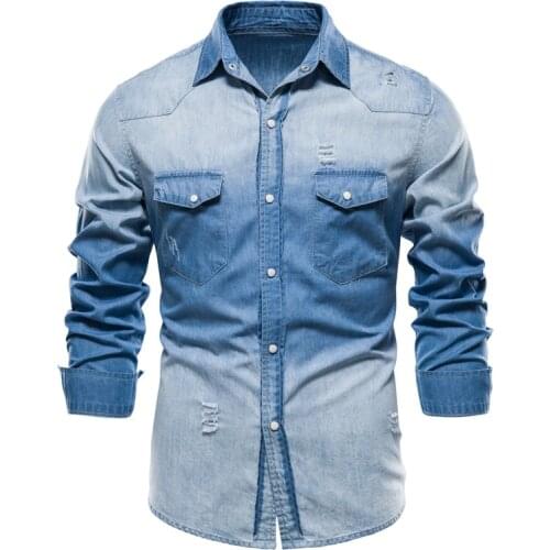 Trendy Spring Hole Denim Shirts Men Casual Pocket 100% Cotton Shirt for Men High Quality Long Sleeve Contrast Shirt Mens