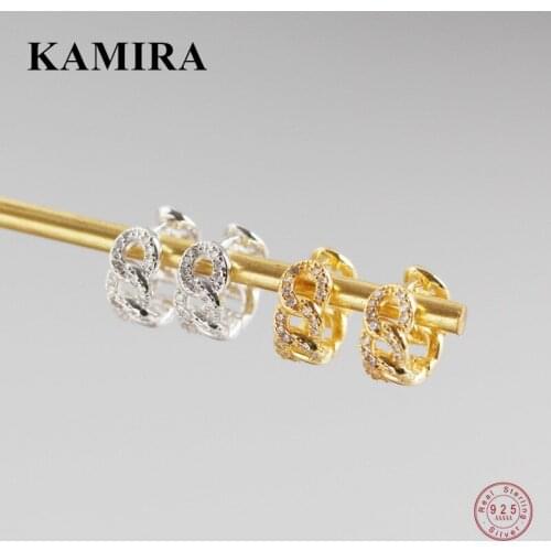 KAMIRA 925 Sterling Silver Punk Geometric Ear Buckle Chain White Zircon Round Hoop Earrings for Women Classic Unique Jewelry Hot
