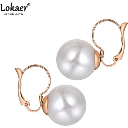 Lokaer Trendy Titanium Stainless Steel White Simulated Pearl Earrings For Women Classic Rose Gold Party Wedding Jewelry E20051