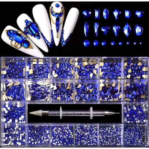 Blue 21 Grids Nail Rhinestones Sets Dual Silicone Dotting Pen Kit 3D Non HotFix FlatBack Stone Manicure Decoration Irregular Gem