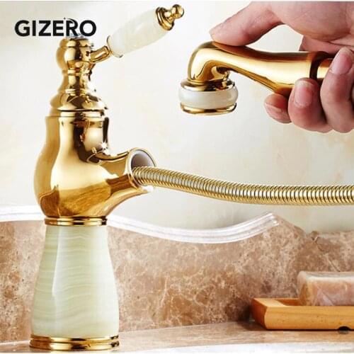 Basin Flexible Pull Out Faucet Golden Polish Marble Stone Luxury Kitchen Sink Mixer Faucet Bathroom Gold Faucets ZR490