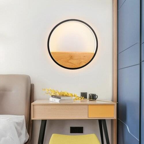 Modern Japanese Wood Wall Lamp Black White Art Decor Minimalist Round Led Night Lights Fixtures for Bedroom Bedside Dia 30 cm