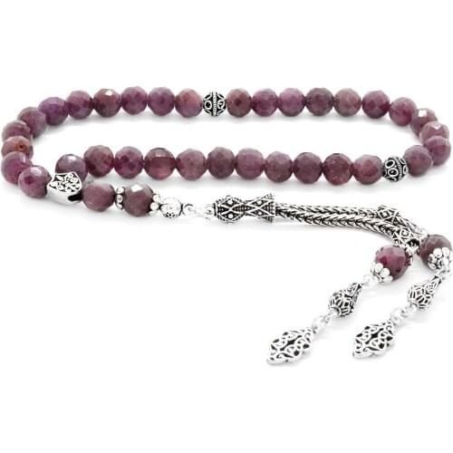 Tesbihane Collectable 925 Sterling Silver Tassels Fasetalı Ruby Natural Stone Rosary
