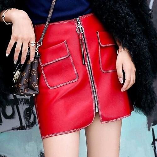 2021 Spring Autumn Winter Women Skirt Genuine Leather Sexy Mini Skirt Real Skeepskin High Waist Short Pockets Front Zipper Skirt