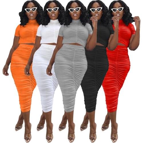 Turtle Neck Pleated Crop Top Skirt Sets Women Party Casual 2 Piece Set Short Sleeve Tee & Tube Skirt Matching Sets Female