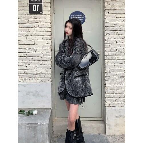 Womens Print Pocket Temperament Mini Women Skirt Suits New Lapel Long Sleeve Loose Fit Jacket Fashion Trend Spring Autumn 2021