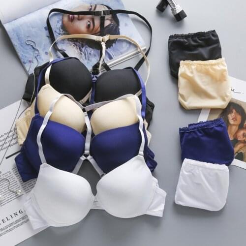 Fashion Simple Brief Set Smooth Cross Beauty Back Gathered Bra + Underwear Set Women Solid Color Bra Sets