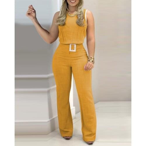2021 Summer Womens Sexy Workwear Casual T-shirt Two-piece Long Leggings Sleeveless Solid Color Top Pants Set with Belt New