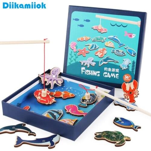 Large Size 14pcs Wooden Marine Animal Fishing Toy Magnetic Fun Game Baby Educational Learning Toys for Children Birthday Gifts