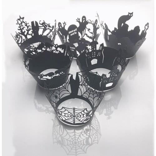 50pcs Halloween Cupcake Wrapper Baking Cup Hollow Cake Wrapper Witch Spiderweb Castle Pumpkin Bat Party Decoration Supplies