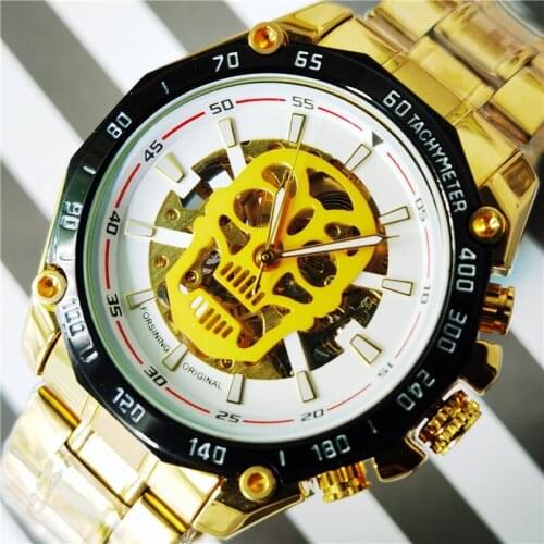 Forsining 2020 Top Brand White Dial Fashion Skull Design Golden Skeleton Clock Luminous Hands Mens Mechanical Automatic Watches