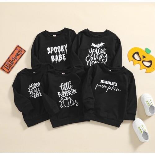 2021 0-4Y Children Halloween Printed Pattern Pullover Boys Girls Pumpkin Bat Letter Black O Collar Long Sleeve Loose Sweatshirt