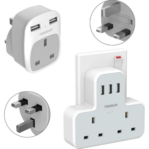 TESSAN 5-in-1 Travel Electrical Plug Extender Socket with 2 AC Outlets and 3 USB Charging Ports, UK Wall Socket for Smartwatches