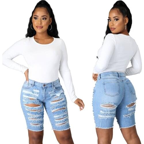 European and American womens fashion all-match frayed high-waist washed stretch mother jeans five-point pants