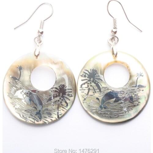 Fancy30x30MM Natural Abalone Shell Dolphin Donuts Dangle Earrings 1Pair