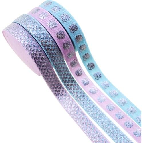 5/8" 15mm hologram silver foil FOE shell, fish scales fold over elastic webbing for hair ties