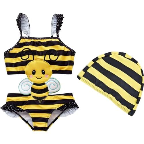 Kavkas Swimming For Baby Girls Summer Cartoon Bee Embroidery One Piece Swimsuit Bathing Cap Suit костюм для девочки