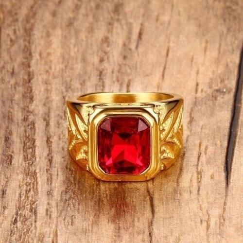Juno fashion mens hip hop red cube Ruby crystal ring mens gold alloy carving mens jewelry size 7 8 9 10 11 12 13 14