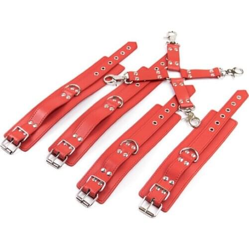 Red Sex Toys Leather Backhand Handcuffs Tied Hands Feet Women Couples