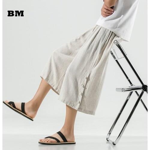 Summer Casual Loose Plus Size Wide Leg Cropped Trousers 2021 Chinese Style Cotton Linen Casual Thin Straight Pants Men Clothing