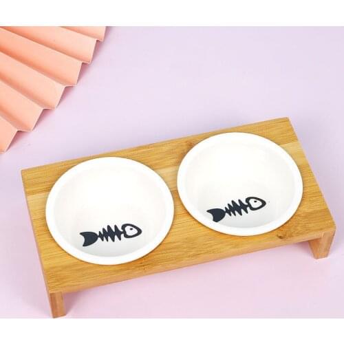 Cartoon Bowls Pet Cat Bowl Ceramic Pet Food Feeders Water Bowl with Bamboo Holder Detachable Dog Cat Feeding Bowl Pet Supplies