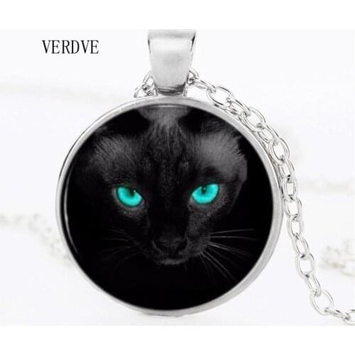VERDVE 3 Color Blue Eyes Black Cat Necklace Pendant Crystal Dome Womens Jewelry Mens Necklaces Hot Sale Gifts
