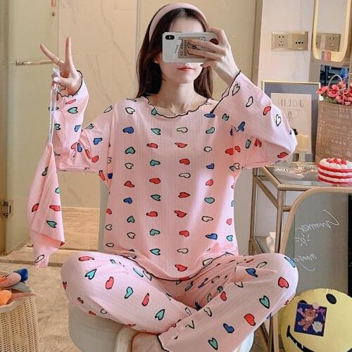 Pajamas female in the spring and autumn style long-sleeved sweet and pure and fresh loose cartoon printed silk two-piece milk