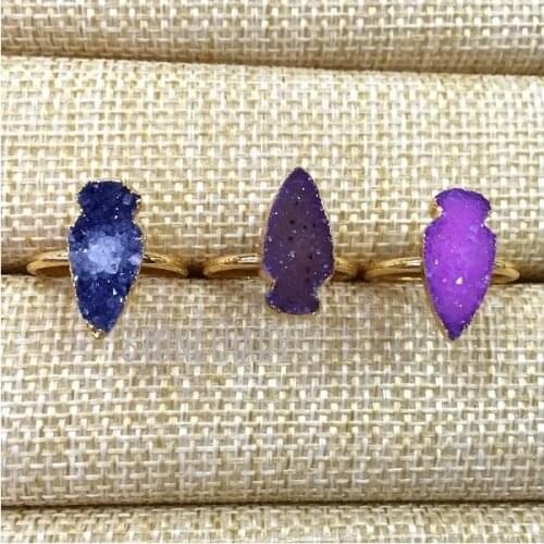 RM332 5Pcs Gold Plating Arrowhead Ring Random Color Agates Druzy Ring Adjustable