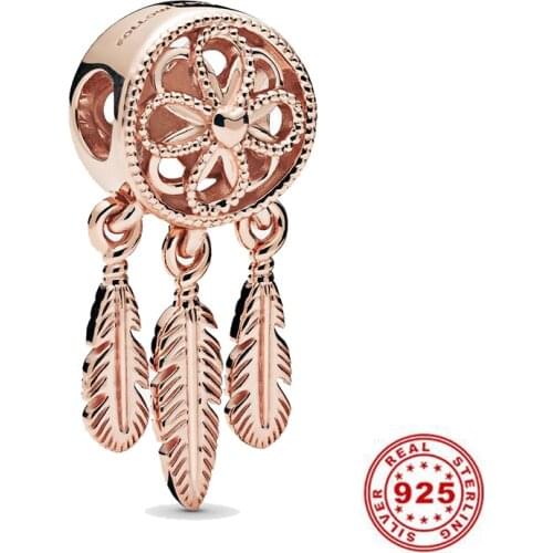 925 Sterling Silver Beads Rose Gold Dreamcatcher Dangle Charm Fit Original Pandora Pendant Charms silver 925 Bracelet Jewelry