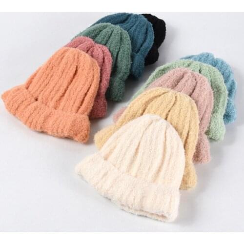 OMEA Imitation Rabbit Fur Winter Women Hat Soft Thick Warm Solid-color Imitation Mink Knitted Hairy Fuzzy Hat Bonnets Wholesale