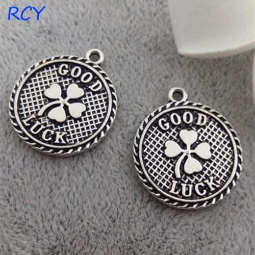 Top Quality 20 Pieces/lot 22mm Antique Silver Plated Metal Bracelet Charms Good Luck four-leaf clover Charm For Diy Making
