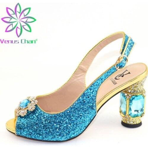 Sky Blue Color Wedding Shoes Woman Open Toe Ladies Sandals Shoes Party Wedding Shoes Decorated with Rhinestone Nigerian Shoes