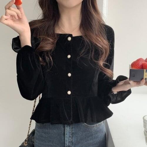 Retro Black Velvet Blouse Square Collar Button Up Shirt Long Sleeve Autumn Gentle Tops Camisas Fashion Blusas Mujer De Moda