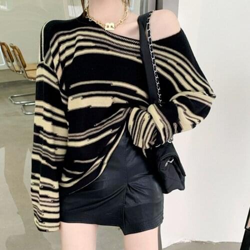 Spring and Autumn Womens Striped Korean Round Neck Loose Sweater Knitwear Womens Thin Casual Pullover T-shirt Crop Sweater