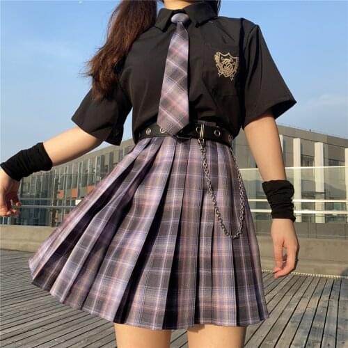 Women Purple Black Gothic Pleated Plaid Skirt Summer High Waist Korean Harajuku Japanese Cute Sexy Mini A-line Skirts JK Cosplay