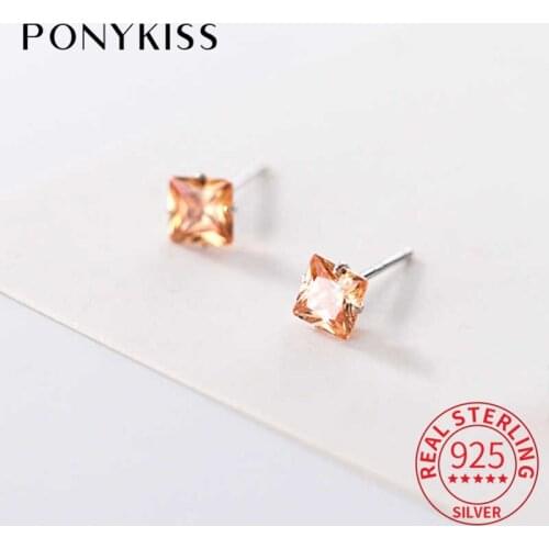PONYKISS Genuine S925 Sterling Silver Square Zircon Minimlist Stud Earrings Women Party Delicate Elegant Accessory Classic Gift