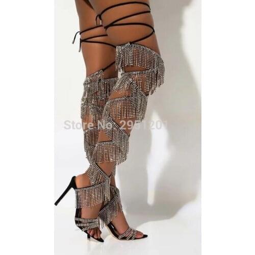 Women Fashion Fringe Embellished Over The Knee Boots Lady Elegant Crystal High Heel Dancing Party Long Boot Diamond Tassel Shoes